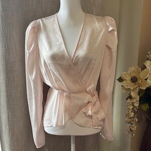 Express Light Pink Satin Wrap Blouse with Side Bow